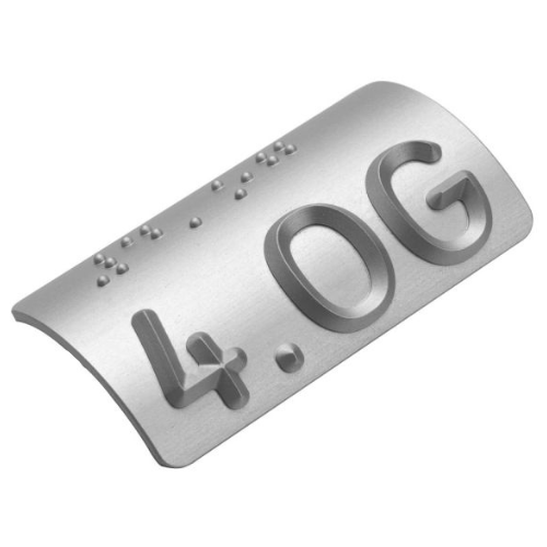 Taktiles Handlaufschild rund Aluminium silber gefräst, Motiv 1.OG, DIN 32986