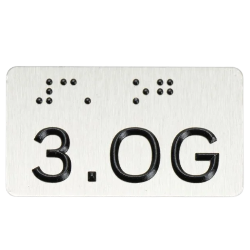 Taktiles Handlaufschild flach Edelstahl bedruckt, Braille- und Profilschrift, Detail