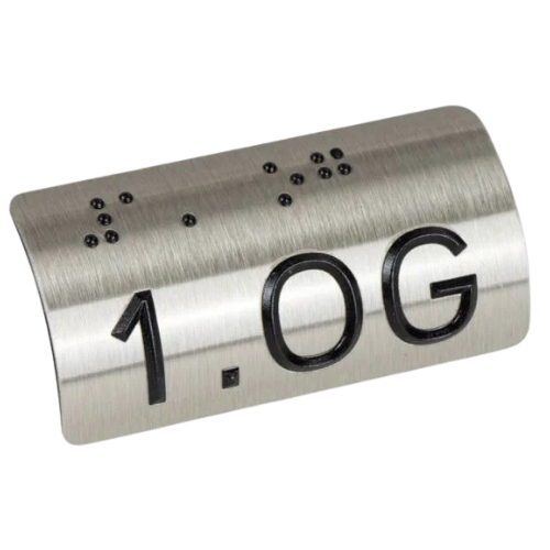 Taktiles Handlaufschild rund Edelstahl mit schwarzem UV-Druck, Motiv 1.OG, DIN 32986