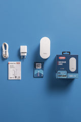 Lieferumfang ABUS Bridge One: Bridge, USB-Kabel, Netzteil, Keycard, Anleitung und Verpackung