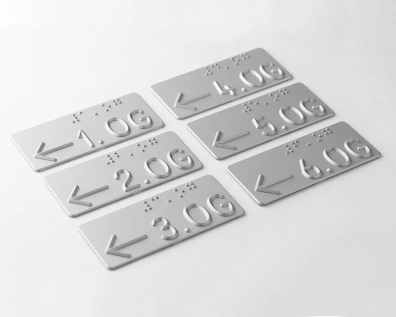 Taktiles Handlaufschild flach Aluminium silber mit Pfeil, Geschossangabe