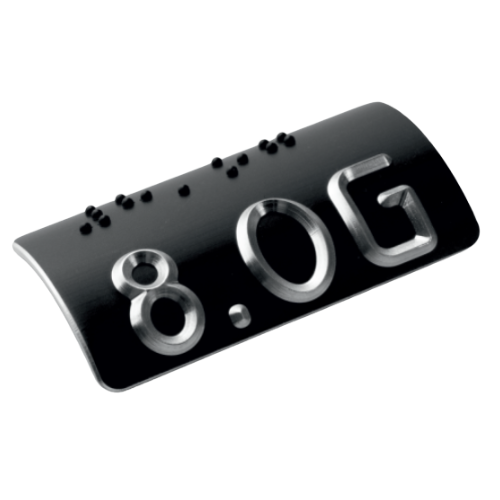 Taktiles Handlaufschild rund Aluminium schwarz eloxiert mit silberner Schrift, DIN 32986