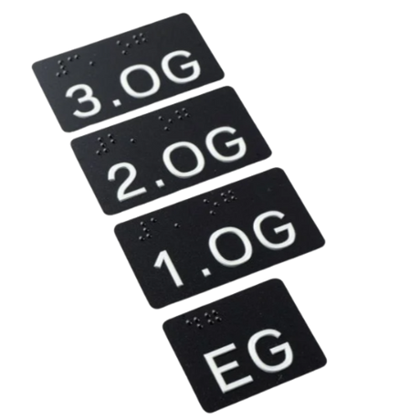 Taktiles Handlaufschild flach Aluminium schwarz, Motiv mit Geschossangabe, DIN 32986