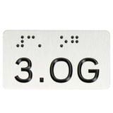 Taktiles Handlaufschild flach Edelstahl bedruckt, Braille- und Profilschrift, Detail