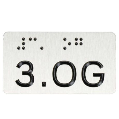 Taktiles Handlaufschild flach Edelstahl bedruckt, Braille- und Profilschrift, Detail