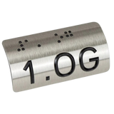 Taktiles Handlaufschild rund Edelstahl mit schwarzem UV-Druck, Motiv 1.OG, DIN 32986