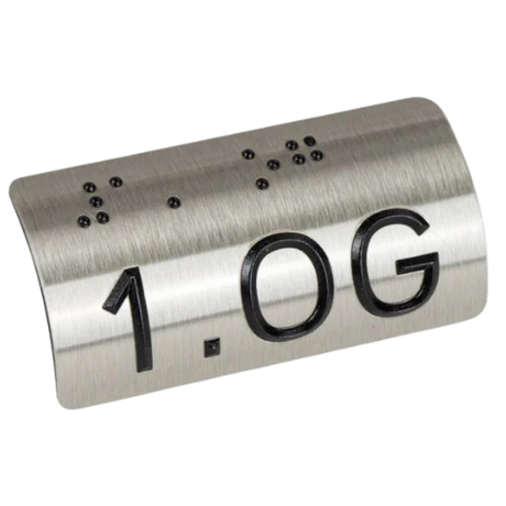 Taktiles Handlaufschild rund Edelstahl mit schwarzem UV-Druck, Motiv 1.OG, DIN 32986