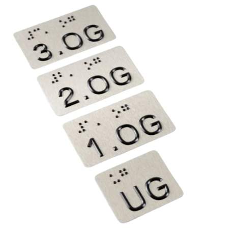Taktiles Handlaufschild flach Edelstahl mit schwarzem UV-Druck, Motiv 1.OG, DIN 32986