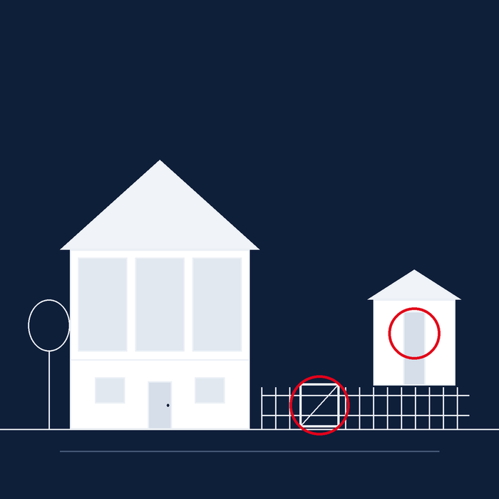 Grafik Wohnhaus mit markiertem Gartentor und Geräteraum für den Schlüssel eines Dienstleisters