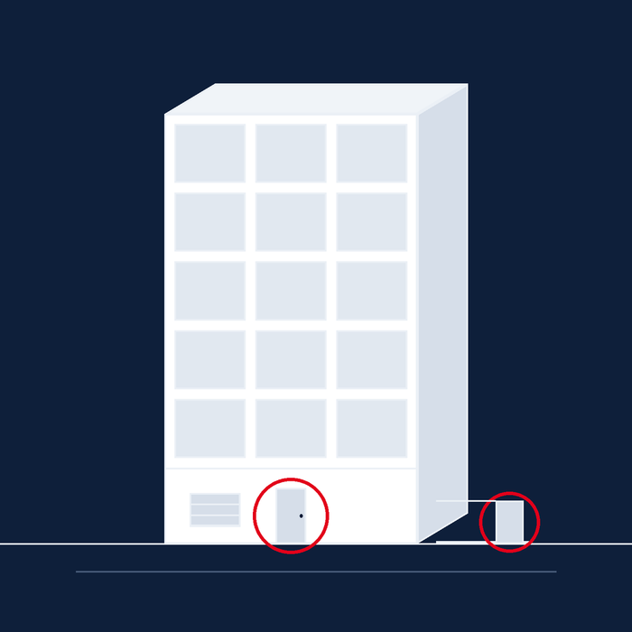 Grafik Mehrfamilienhaus mit markierter Haustür und Kellertür